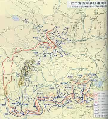 红二方面军长征路线图（1935年11月19日-1936年10月22日）